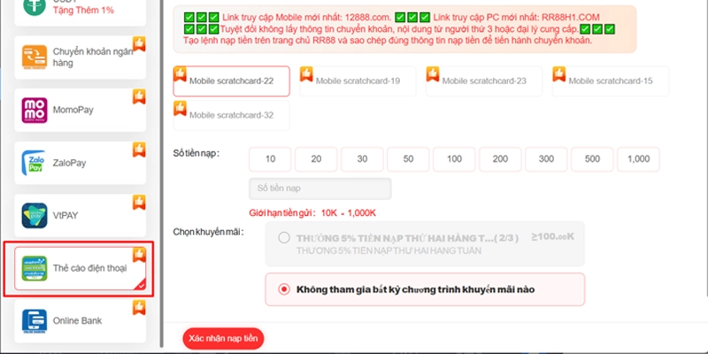 3 bước nạp tiền RR88 bằng thẻ cào điện thoại